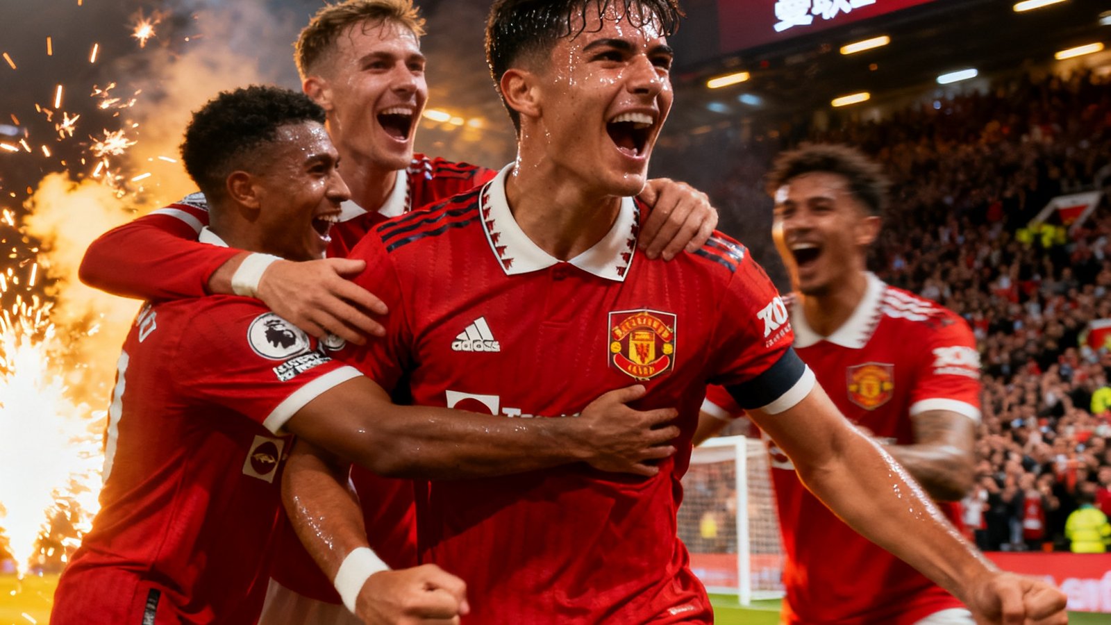 曼联2-1利物浦比赛中加纳乔第89分钟绝杀，球员疯狂庆祝